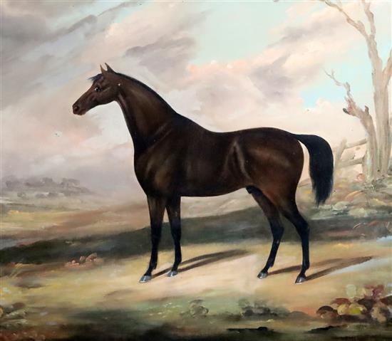 English School (19th century), dark bay horse in a winter landscape, oil on canvas